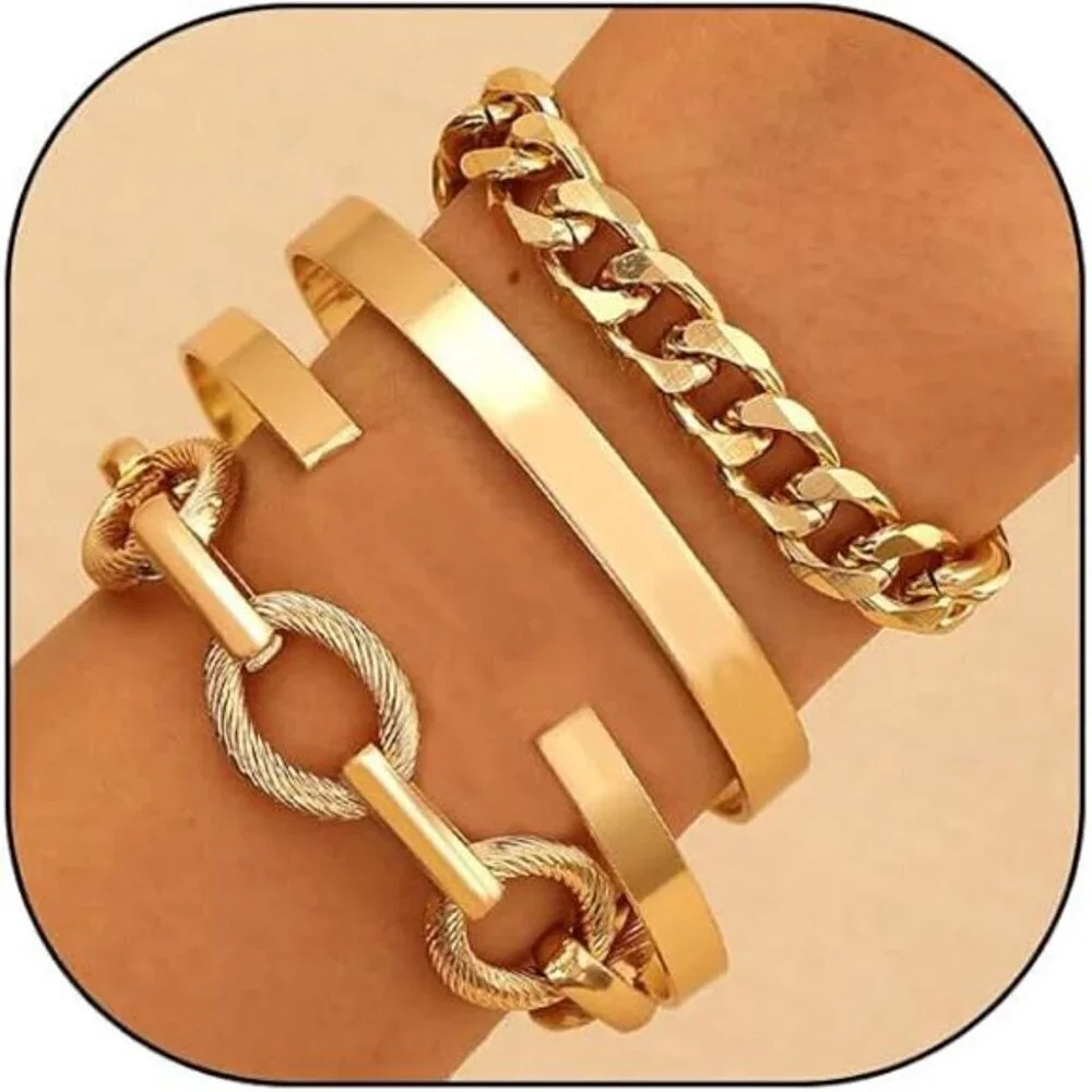 Trendy 4-Piece Gold Bracelet Set for Women – Chunky Chain, Minimalist Cuff